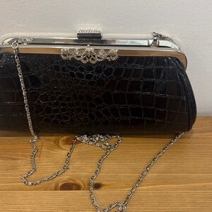 Elegant Black Crocodile-Embossed Clutch